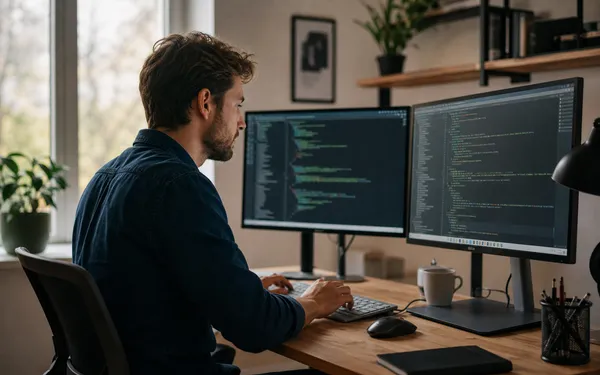 Foto generada por IA de un desarrollador trabajando con dos monitores