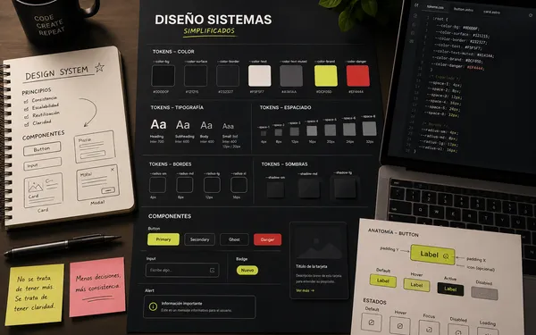 Workspace with visual references, interface components, and design tokens