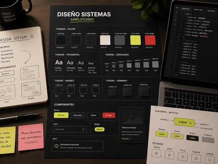 Mesa de trabajo con referencias visuales, componentes de interfaz y tokens de diseño