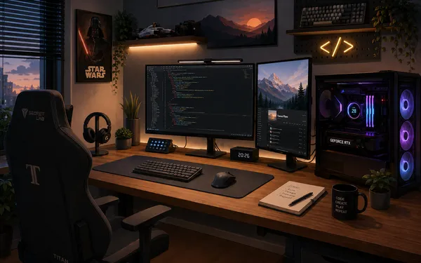 Ilustración de un setup de escritorio con un PC, monitor y ambiente de desarrollo