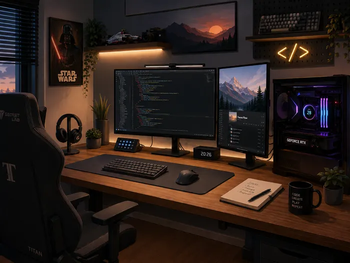 Illustration of a desk setup with a PC, monitor, and development workspace